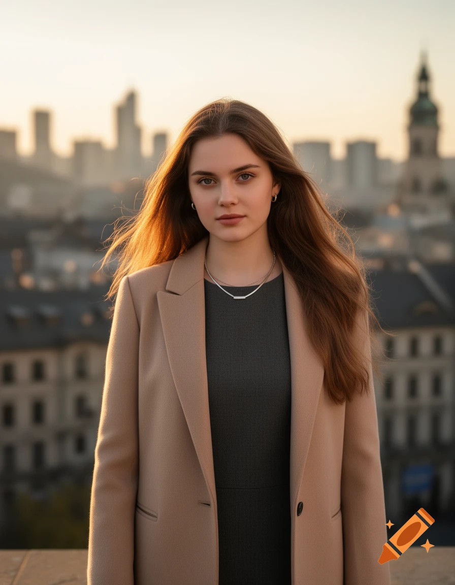 A photorealistic portrait of a young woman with long brown hair, wearing a beige blazer, standing against a blurred city skyline at sunset.