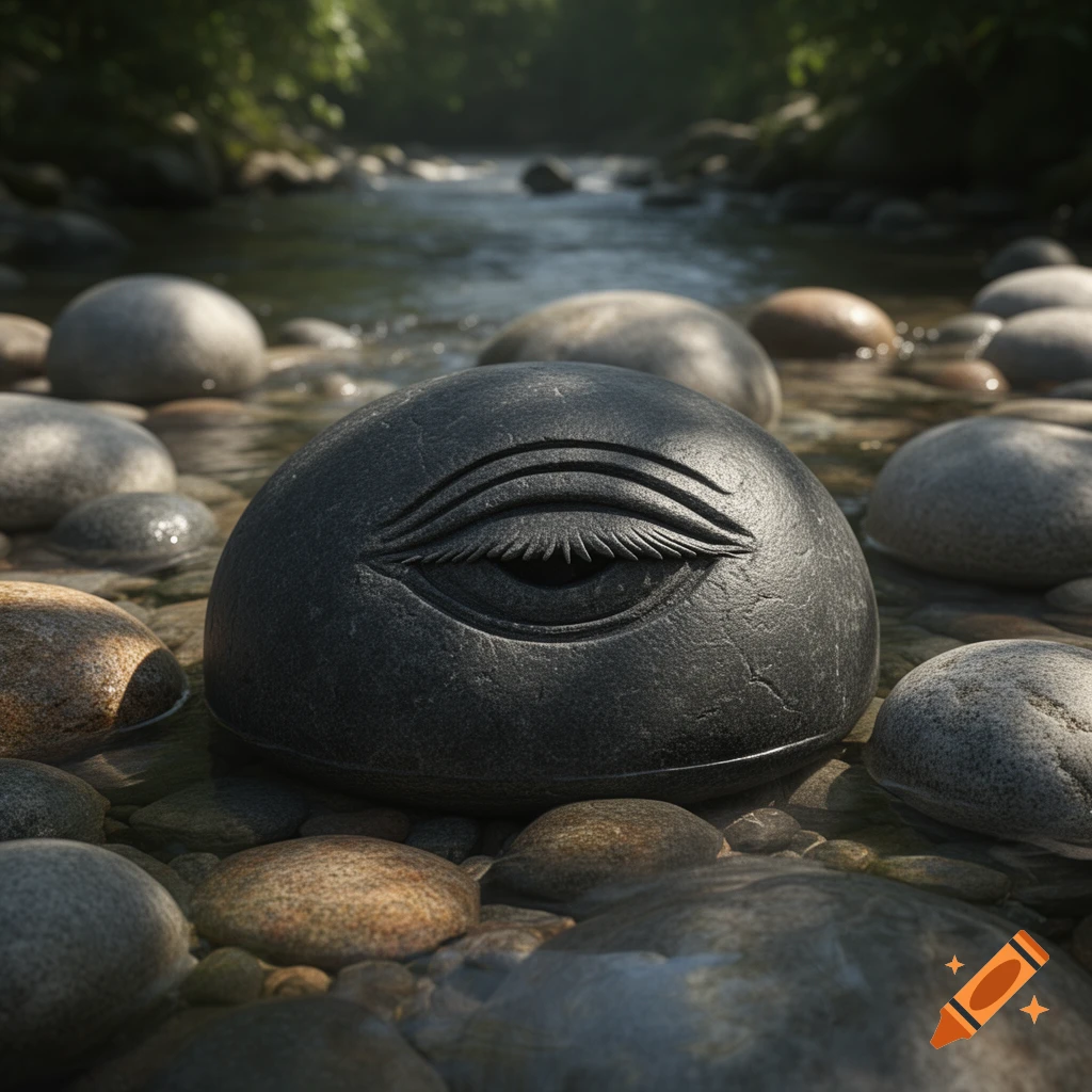 A dark round stone with a carved closed eye sits in a shallow river among other smooth stones.