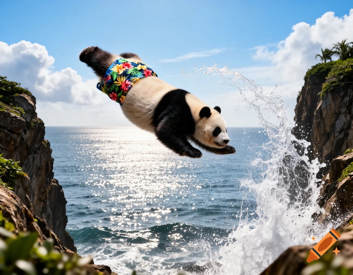 A photorealistic panda wearing floral swim shorts dives headfirst from a high cliff into a sparkling blue ocean, creating a large splash.
