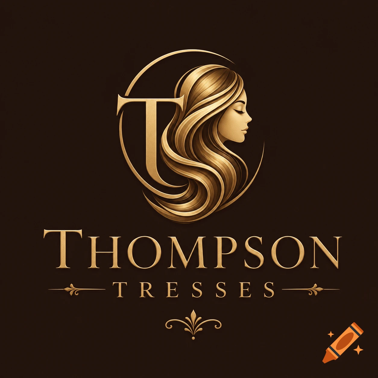 Golden logo featuring a woman's profile with long, flowing hair and the text "THOMPSON TRESSES" in a decorative font.