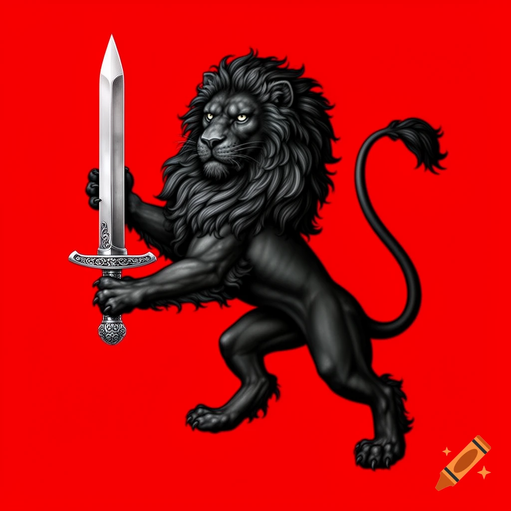 A black lion rampant on a red field holds a silver sword.