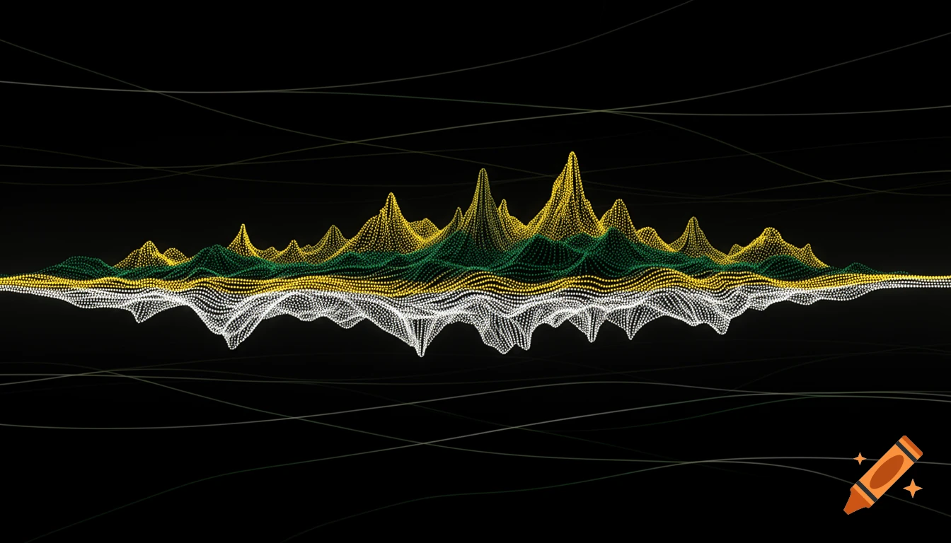 Abstract digital art shows a jagged, spike-like structure of yellow, green, and white dots on a black background, with additional dotted lines.