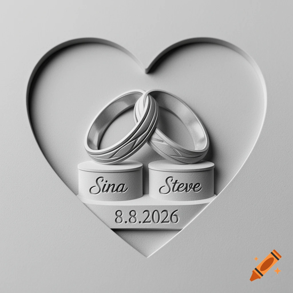 Two wedding rings on pedestals with 'Sina', 'Steve', and '8.8.2026' within a heart-shaped gray relief.