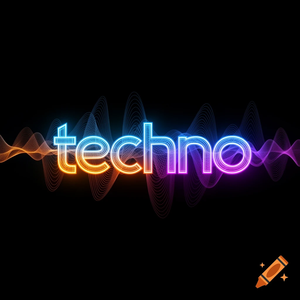 Neon wireframe 'techno' text with colorful wavy lines on a black background.