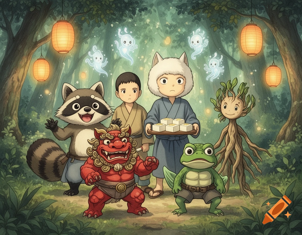 A whimsical Studio Ghibli-style illustration of a raccoon, boy, cat-eared character holding tofu, red demon, frog, and tree spirit in a magical forest with lanterns and floating spirits.