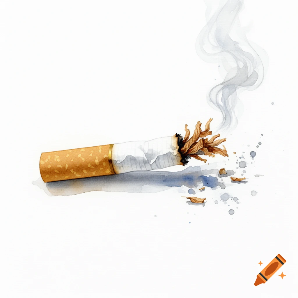 A watercolor illustration of a broken cigarette with smoke rising, set against a white background.