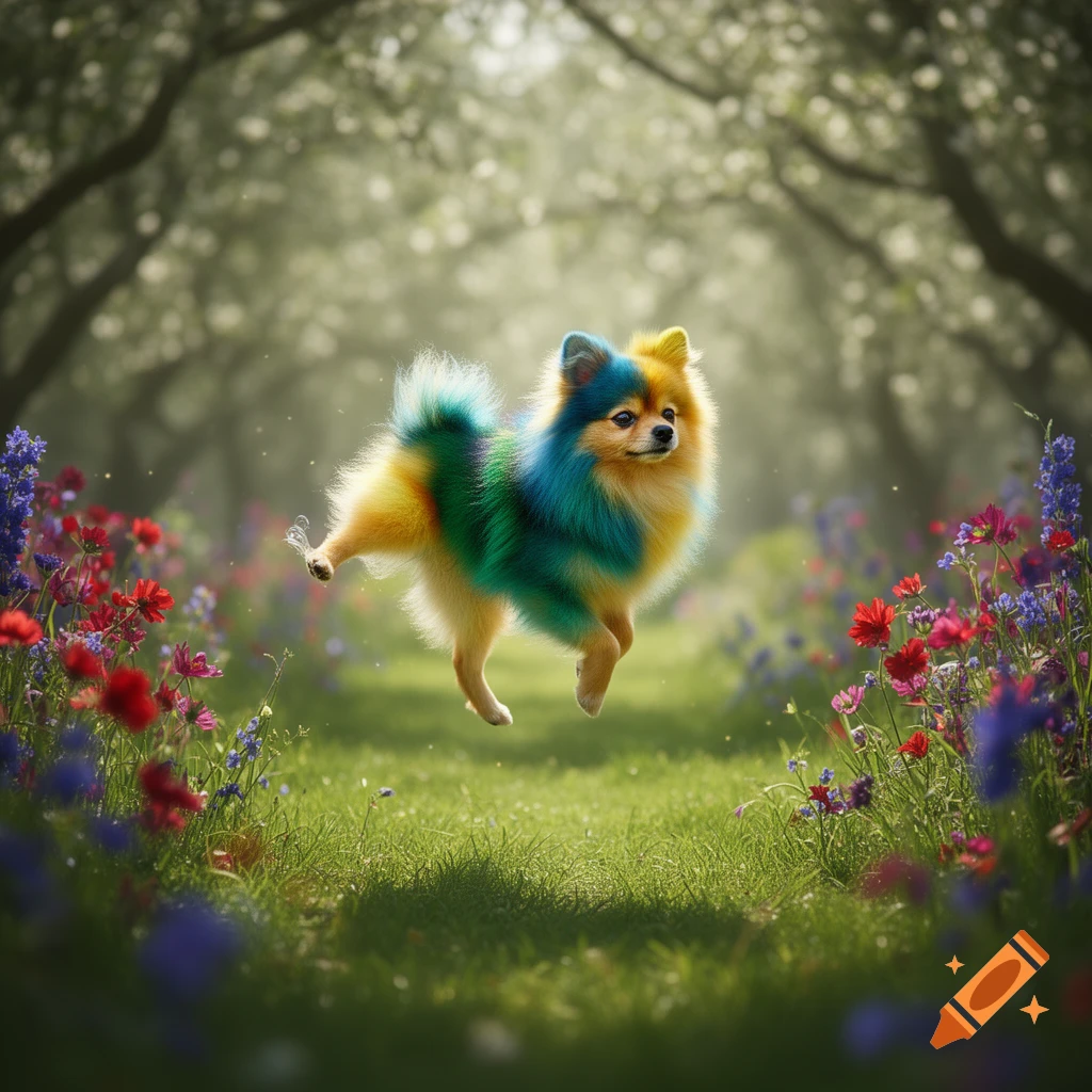 A vibrant multi-colored Pomeranian-like dog with yellow, blue, and green fur hovers with one leg raised in a lush, blooming garden with wildflowers.