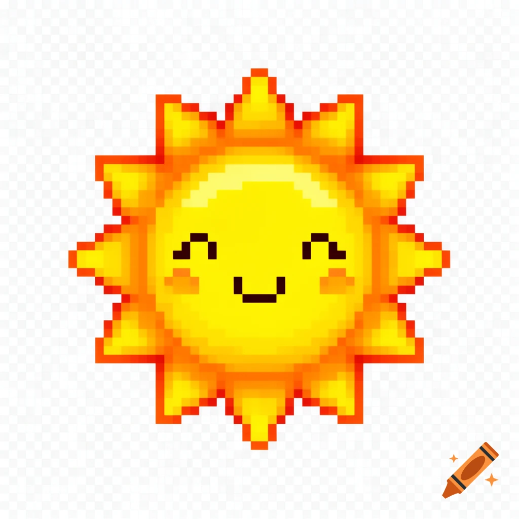 A cute, shining pixel art sun with a happy face and bright colors on a transparent background.
