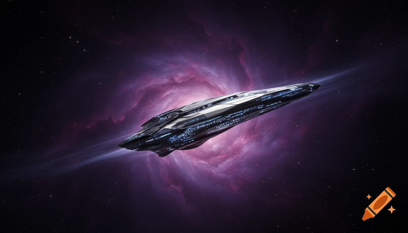 A sleek, futuristic spaceship flies through deep space, illuminated by a vibrant pink and purple nebula.