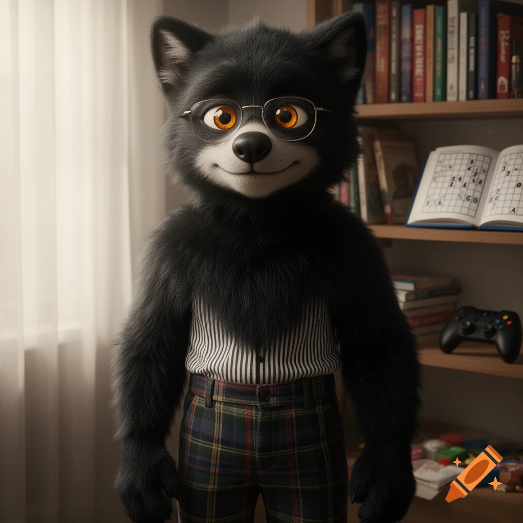 A black anthropomorphic wolf wearing glasses, a striped shirt, and plaid pants stands in front of a bookshelf.