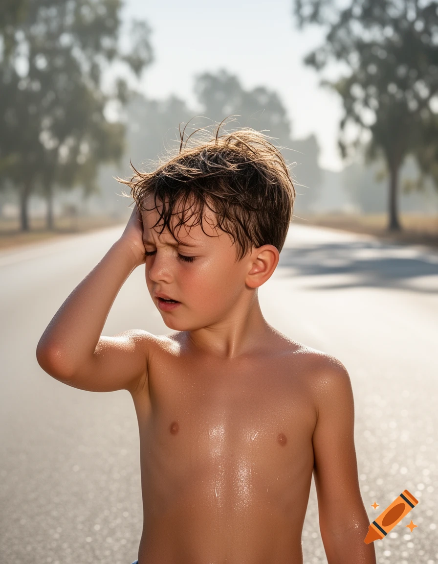 Sweaty, shirtless young boy wipes his forehead on a hot day, standing on a sunlit road with blurred trees.