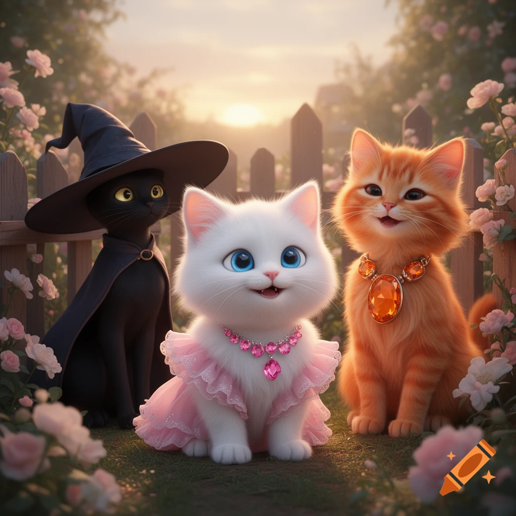 A black witch cat, a white fluffy kitten in a pink dress, and an orange cat with a necklace sit in a flower garden at sunset.