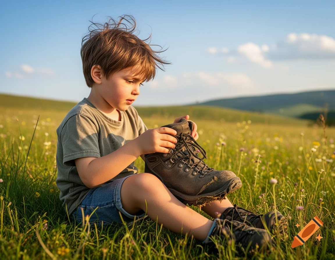 A young boy sits in a sunny green meadow, examining a dirty hiking boot.