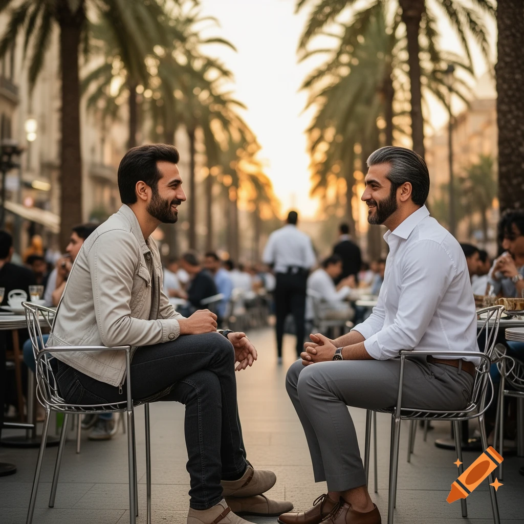 Two men smiling and talking across from each other at an outdoor cafe with palm trees in the background, golden hour lighting.