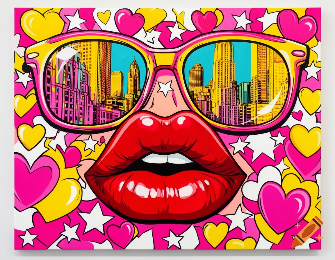 Vibrant pop art of red lips, a nose, and sunglasses reflecting a city, surrounded by pink hearts and white stars.