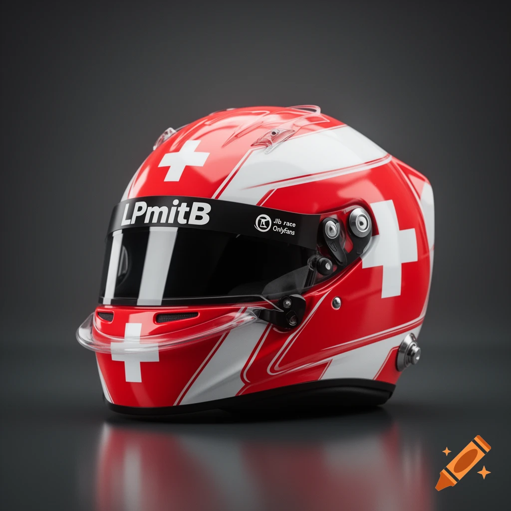 Photorealistic red and white race helmet with Swiss flag crosses, a black visor displaying 'LPmitB' and 'Jlb race Onlyfans' text.
