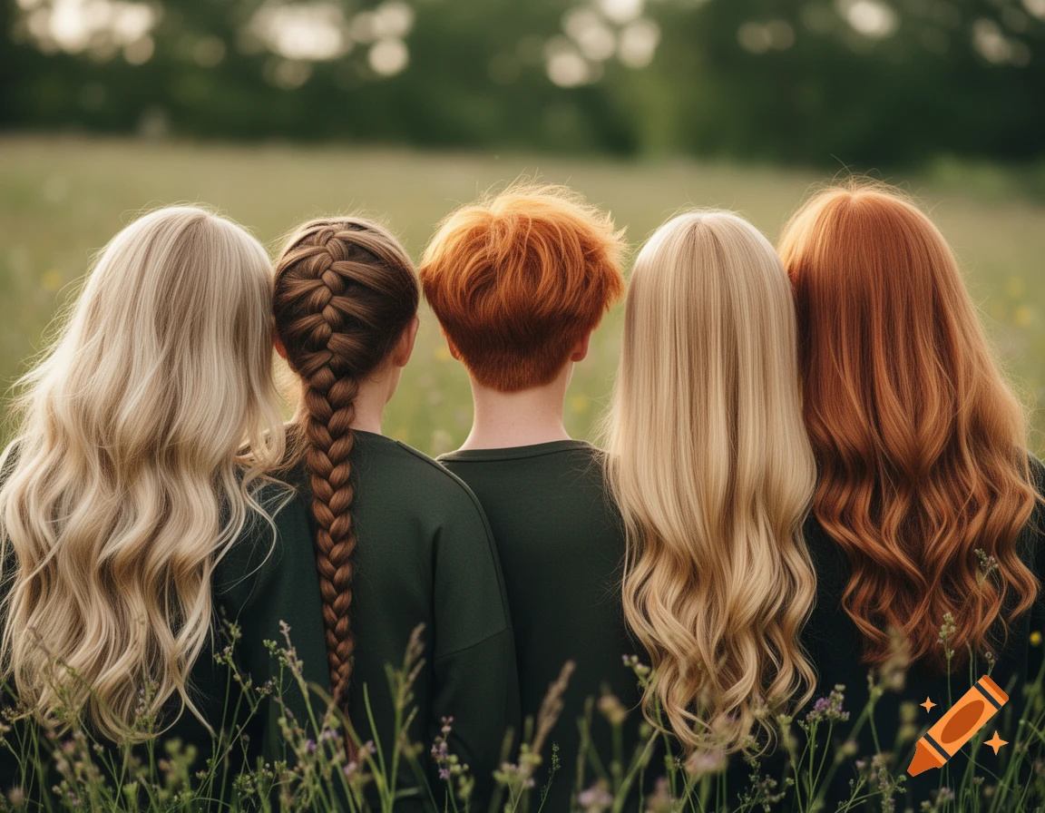 Five people seen from behind, standing in a grassy field with varied long and short hairstyles in different shades of blonde, brown, and red.