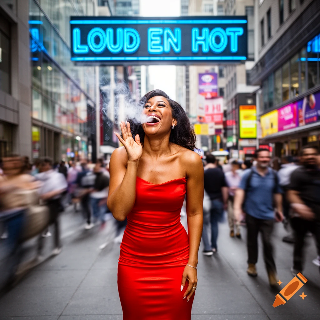 A smiling woman in a red strapless dress laughs, exhaling smoke under a "LOUD EN HOT" neon sign in a busy city street.