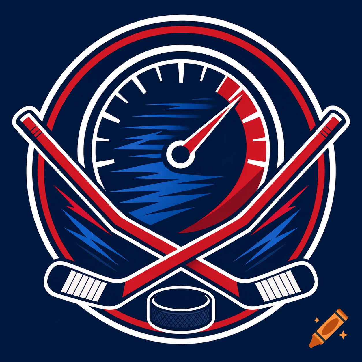 Flat design circular ice hockey shield logo with a speedometer, crossed sticks, and a puck, in red, blue, and white.