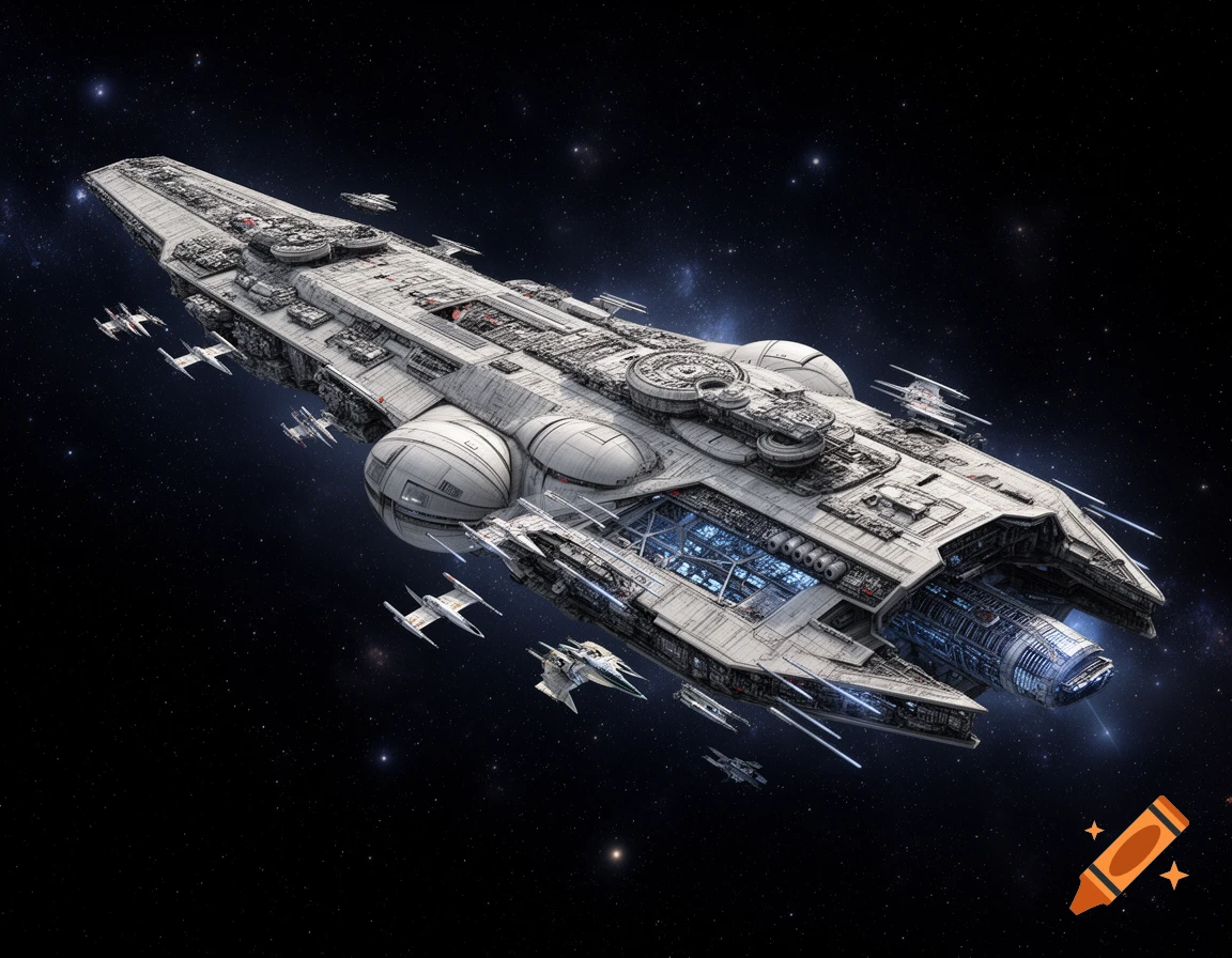 A massive, intricately detailed white and grey spaceship flies through space, accompanied by smaller fighter jets, against a starry backdrop.