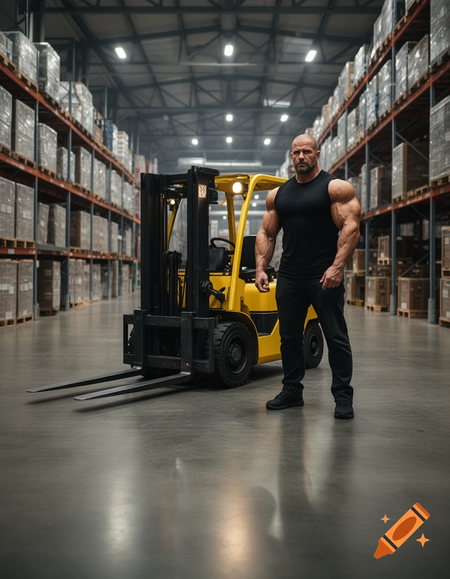 Muscular bald man in black tank top and pants stands next to a yellow forklift in a large warehouse filled with stacked boxes, photorealistic.
