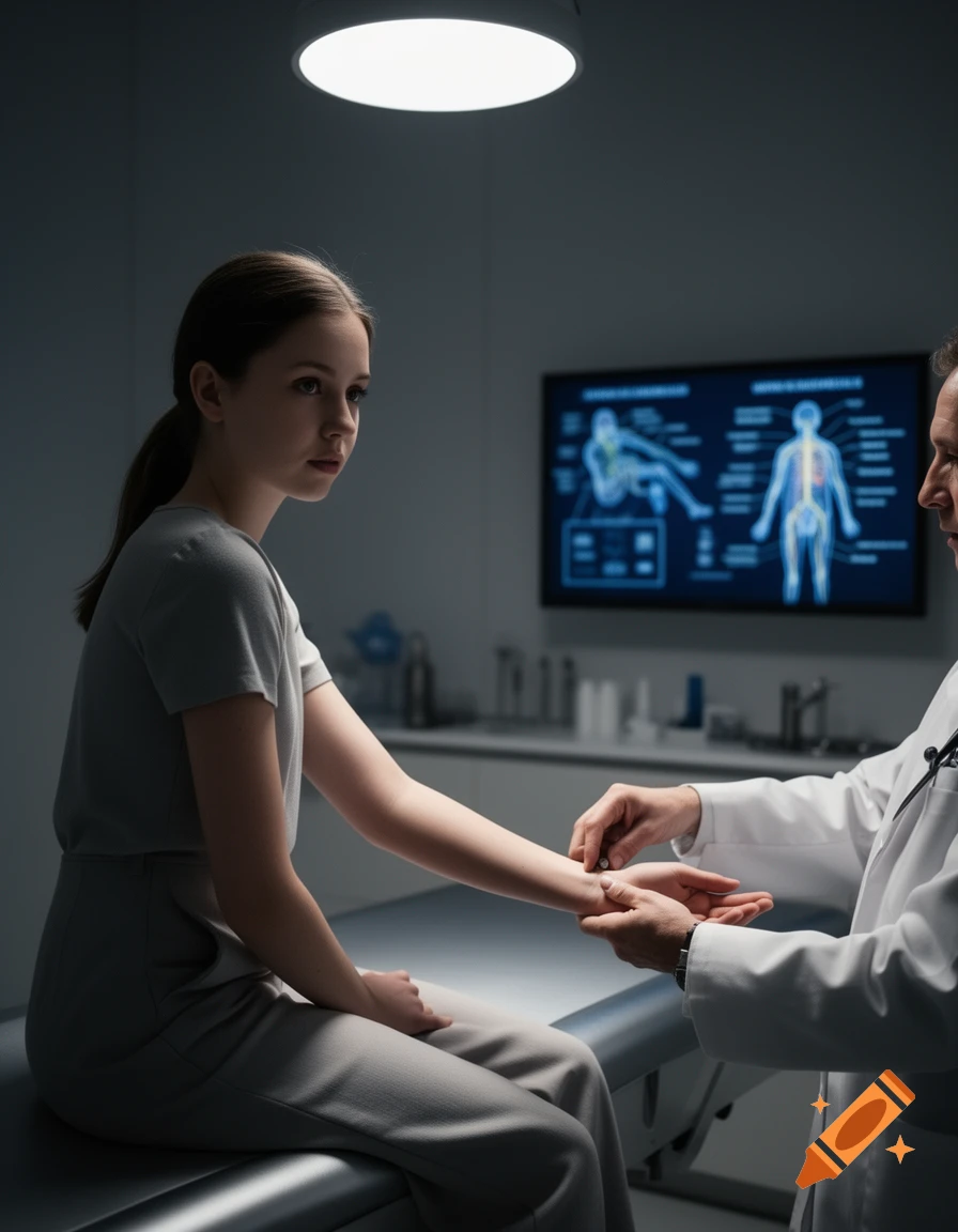 A doctor examines a young female patient's arm in a dimly lit medical examination room, with an anatomical diagram screen in the background.
