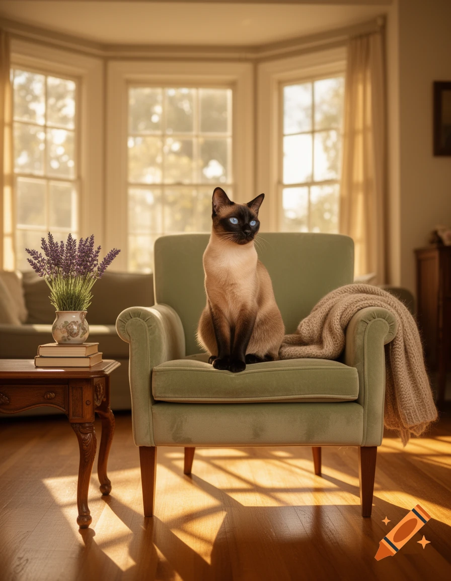 A photorealistic Siamese cat with bright blue eyes sits upright on a green armchair bathed in sunlight from bay windows.
