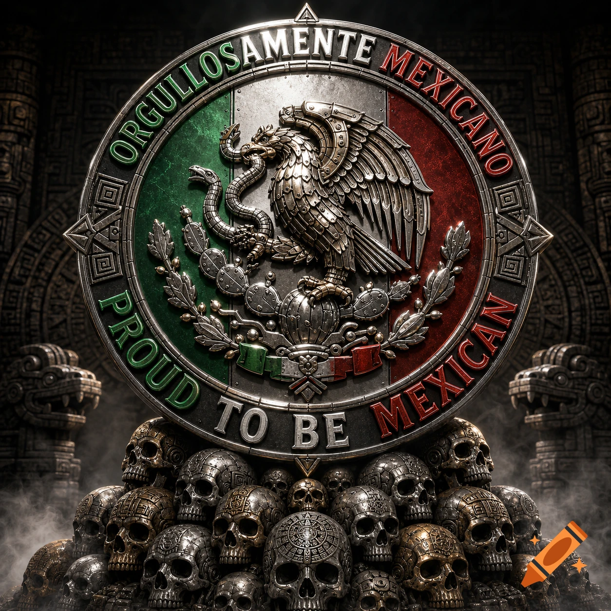 Metallic Mexican flag emblem with 'Orgullosamente Mexicano' and 'Proud to be Mexican' text, atop a pile of stylized skulls in an ancient temple.