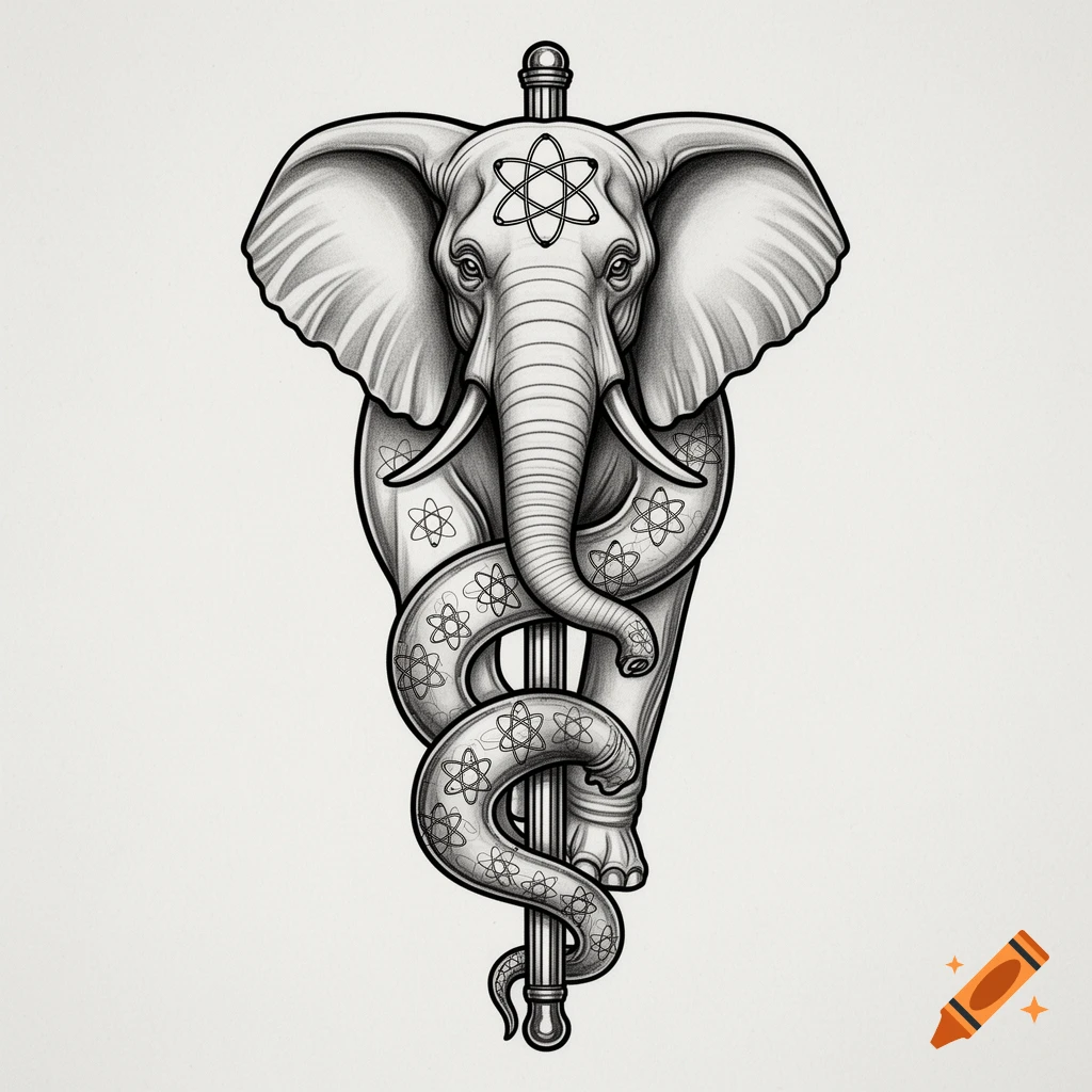 Stylized line art of an elephant with an atom symbol on its forehead, its trunk holding a staff around which an atom-covered snake is coiled.