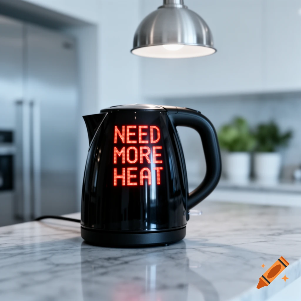 A sleek black electric kettle with a red LED display showing "NEED MORE HEAT" sits on a white marble countertop in a modern kitchen.