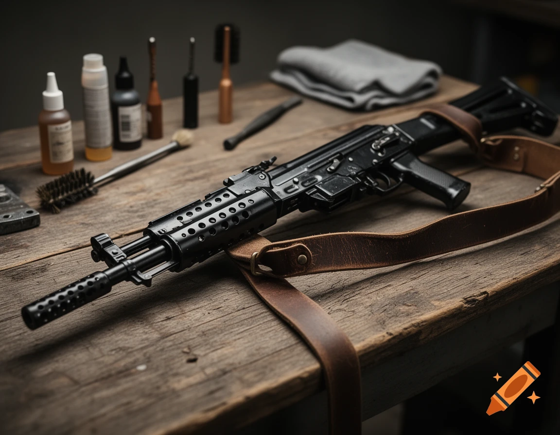 A photorealistic image of an assault rifle with a brown leather strap, lying on a wooden table alongside cleaning supplies.