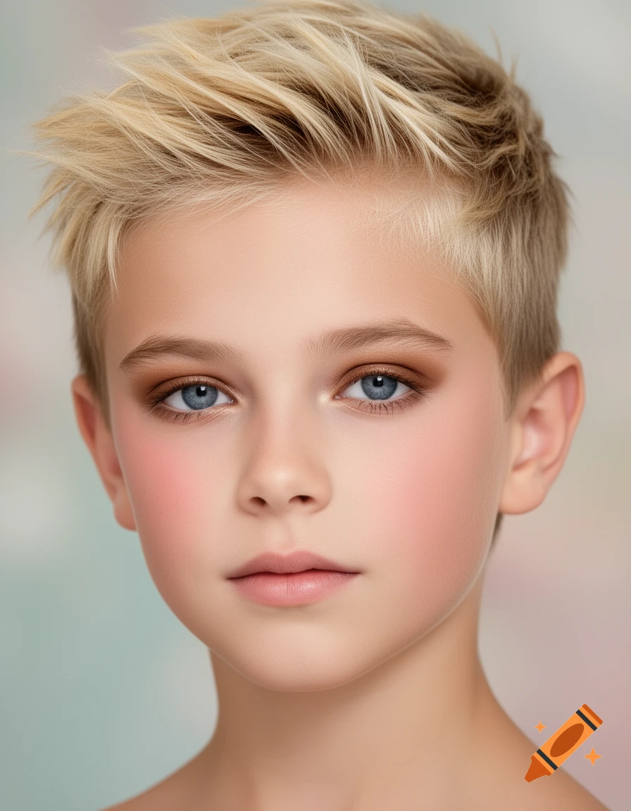 Close-up photorealistic portrait of a young person with short blonde hair and blue eyes, wearing subtle makeup, looking directly at the viewer.