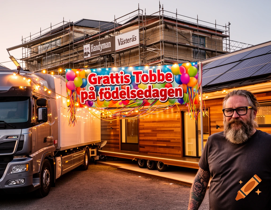 A bearded man stands by a truck and tiny house, with a 'Happy Birthday Tobbe' banner and a building under construction in the background.