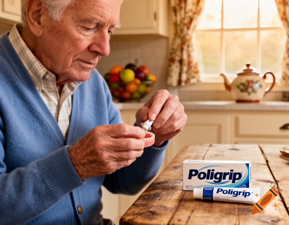 Elderly man in a blue cardigan applying Poligrip to dentures at a wooden kitchen table.