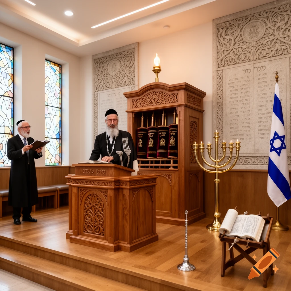 Two rabbis in a traditional synagogue, one speaking from a wooden bimah, with an open Torah ark, menorah, and Israeli flag.