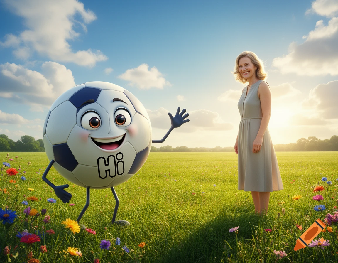 A cartoon soccer ball mascot with 'hi' on its front waves to a smiling woman standing in a sunny field filled with wildflowers.