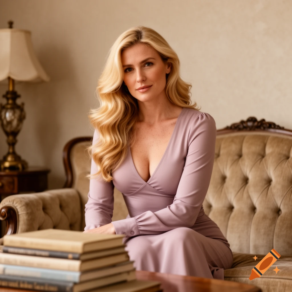 A blonde woman in a lavender dress with a V-neck sits gracefully on an antique sofa in a warmly lit room.