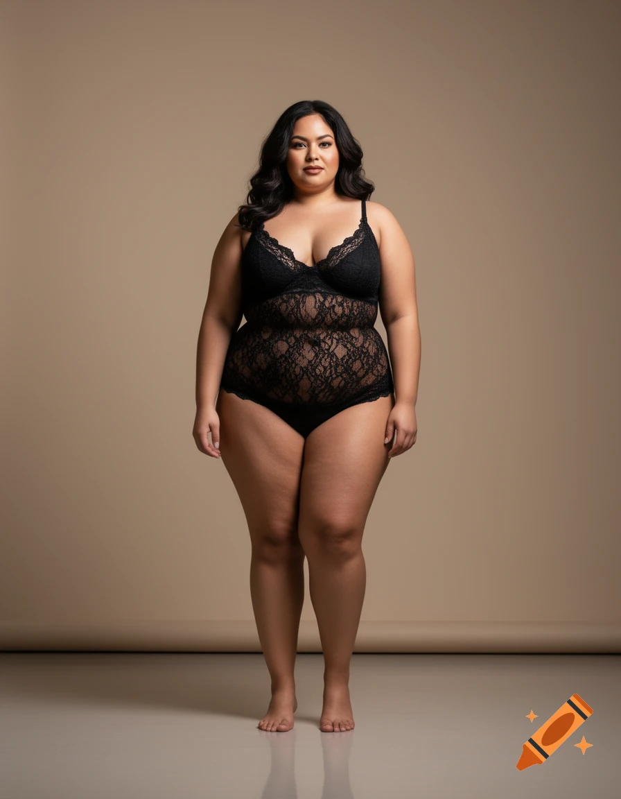 A full-body studio portrait of a plus-size woman with dark wavy hair wearing black lace lingerie against a beige background.