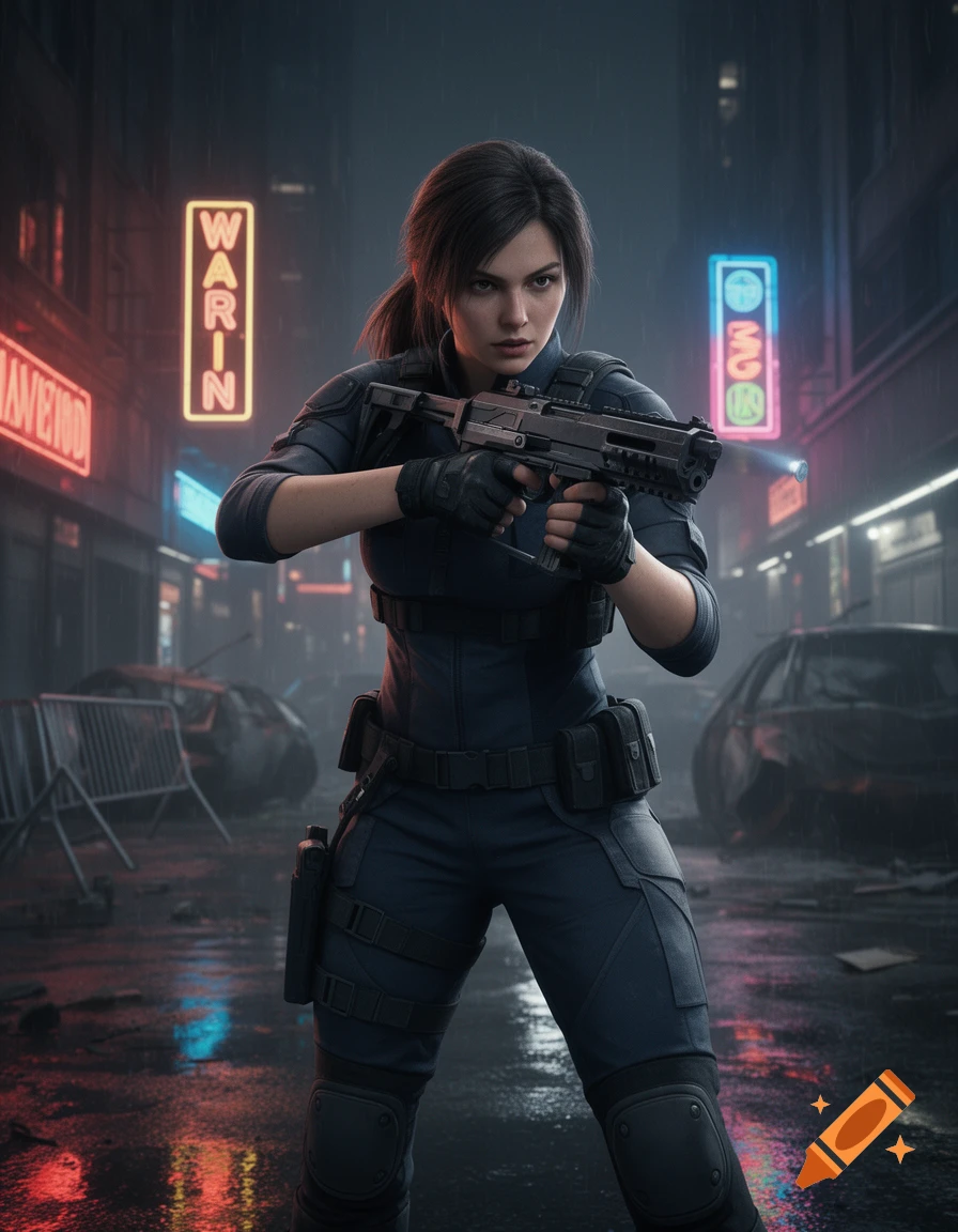A woman in tactical gear holds a weapon in a rainy, neon-lit urban street, looking intently forward.