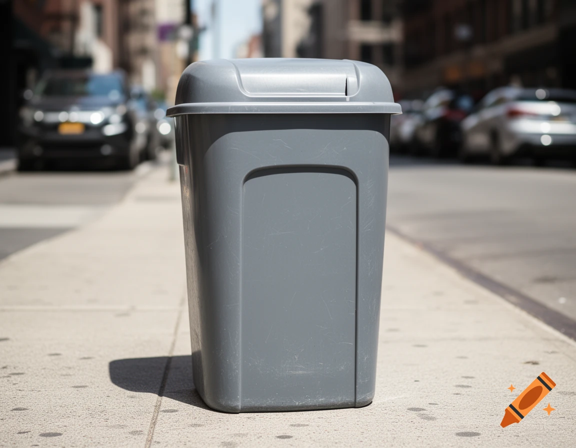 A grey plastic trash can on a concrete sidewalk in an urban setting with blurred cars in the background on a sunny day, photorealistic.