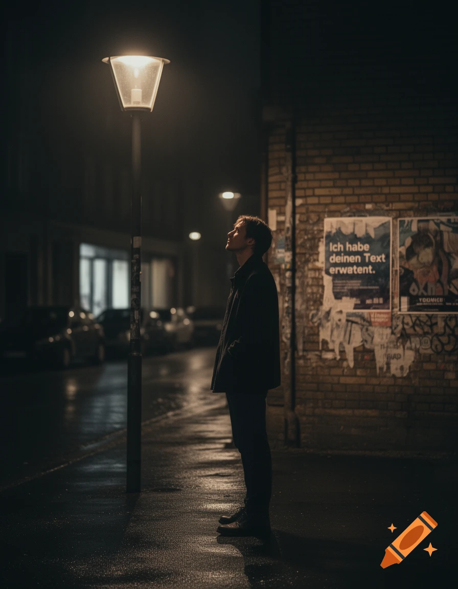 A man stands under a glowing lamppost on a wet street at night, looking up. A brick wall with posters is behind him.