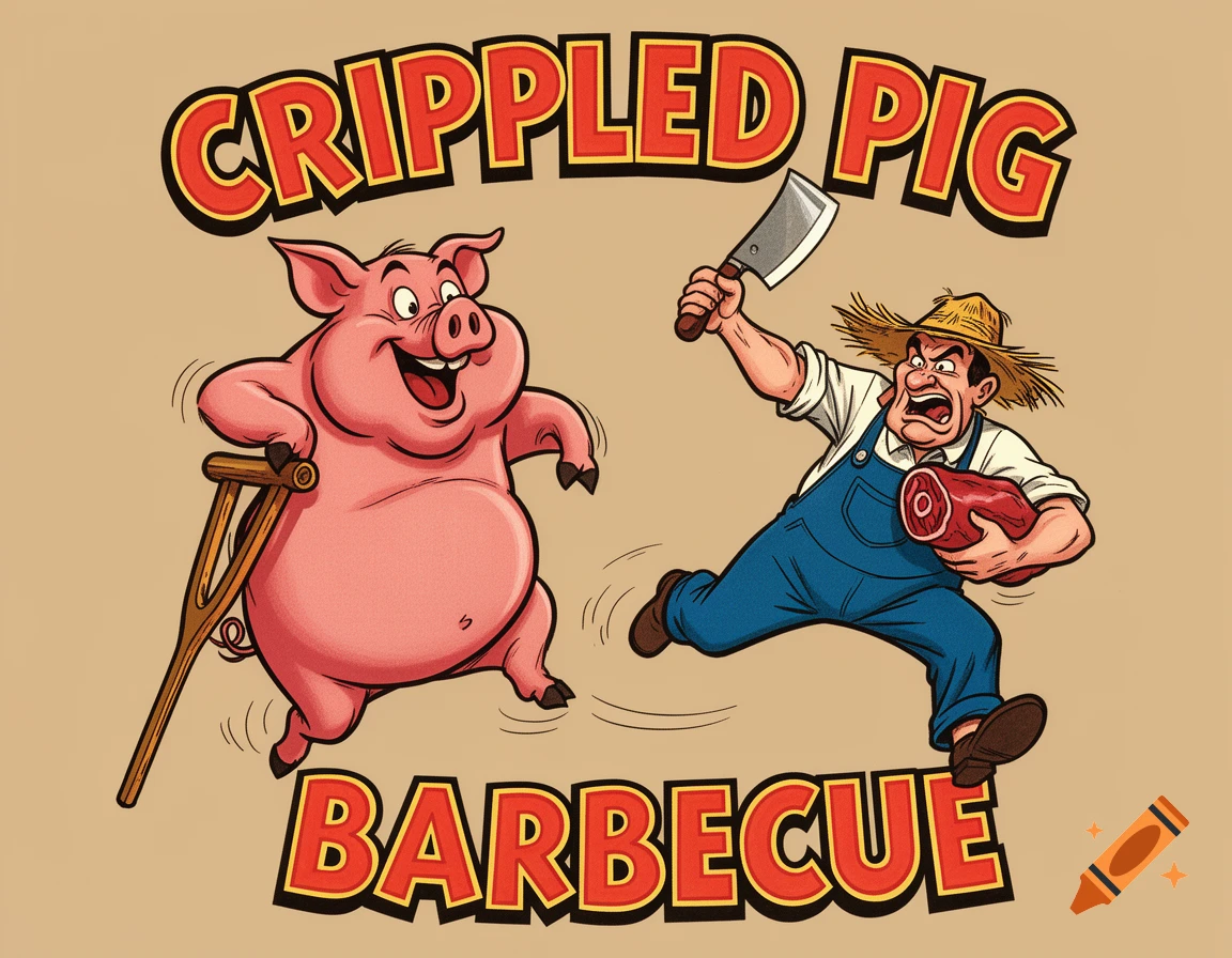 A cartoon pig on crutches running from an angry farmer holding a meat cleaver and a leg of ham. Text reads "CRIPPLED PIG BARBECUE".
