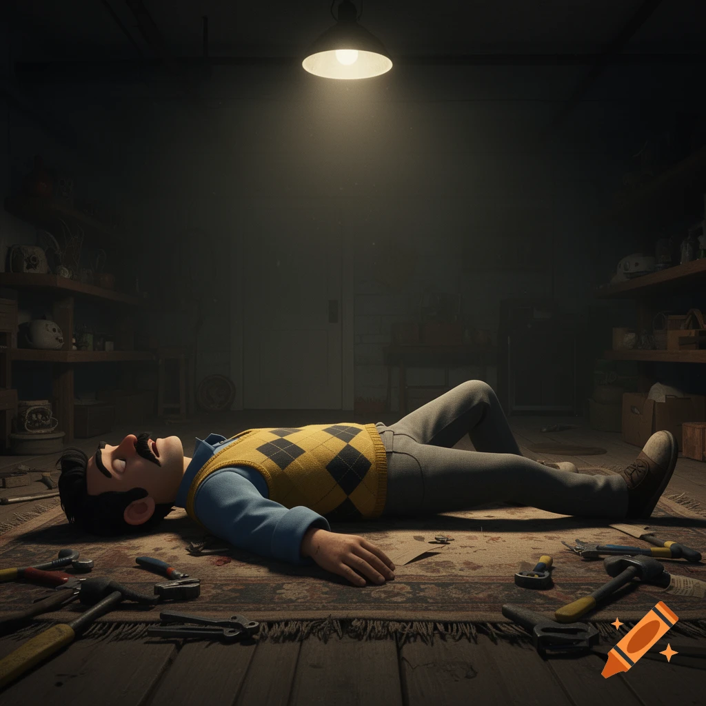 A cartoon man resembling Mr. Peterson from Hello Neighbor lies on a rug, surrounded by tools in a dark workshop under a single light.