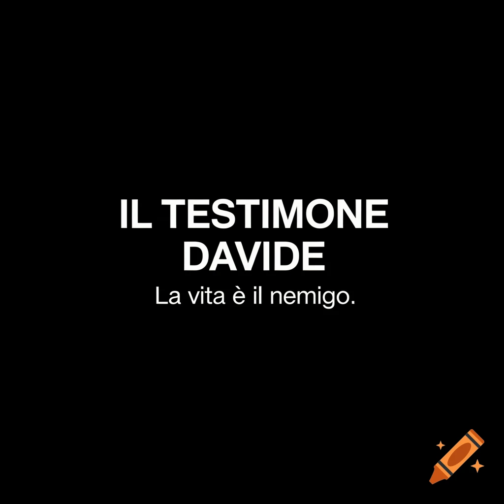 White text 'IL TESTIMONE DAVIDE. La vita è il nemico.' on a solid black background, minimalist graphic design.