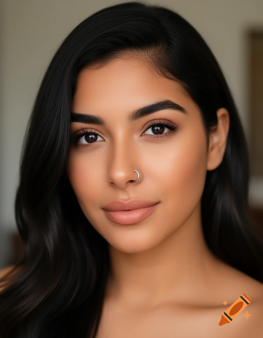 Photorealistic portrait of a young woman with long dark hair, brown eyes, natural makeup, and a silver nose ring.