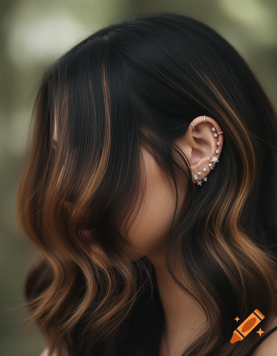 Close-up of a woman's side profile, dark hair with warm highlights covering her face, showcasing an ear adorned with multiple delicate diamond piercings.