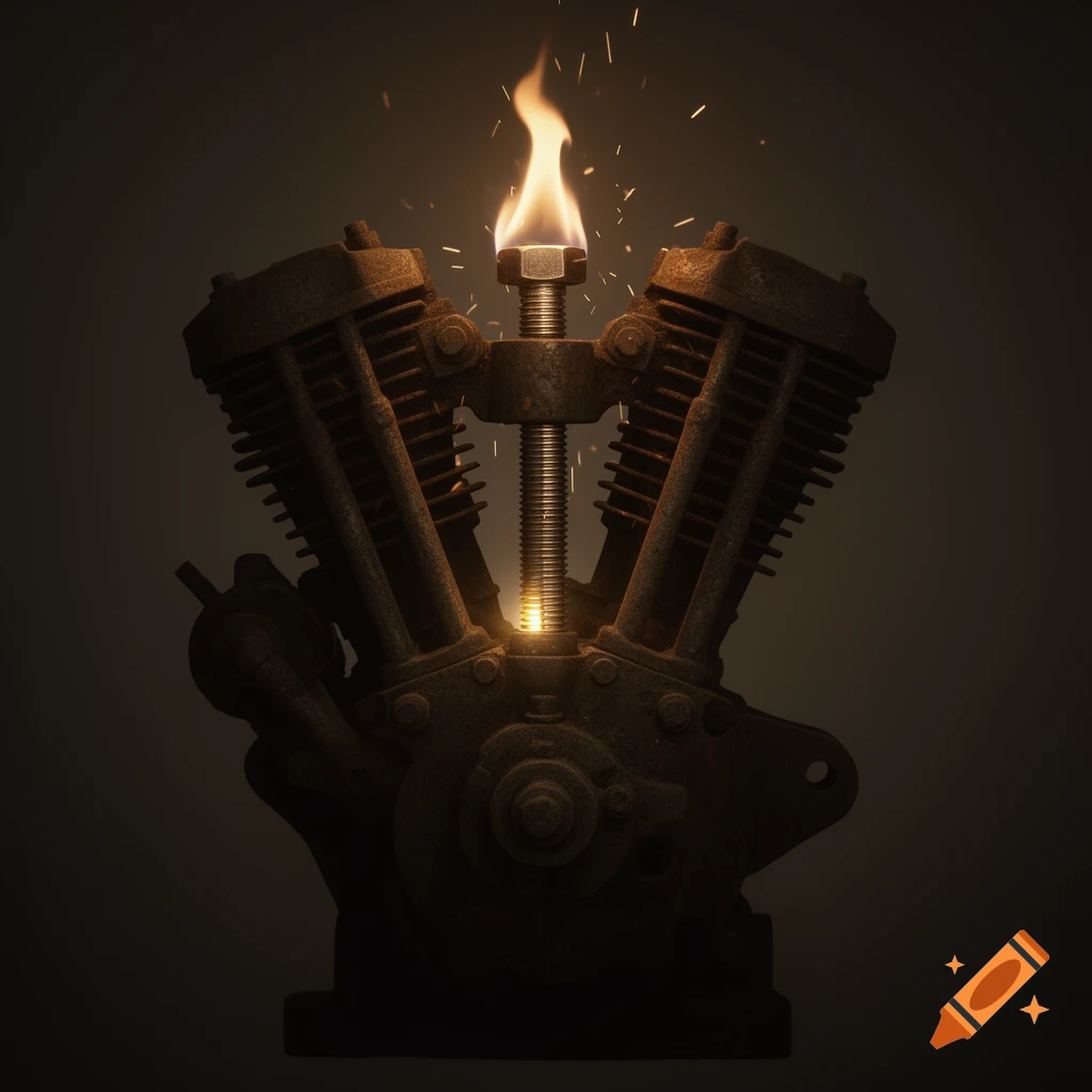 Rusty V-twin engine with a glowing central bolt emitting flame and sparks in a dark, dramatic light.