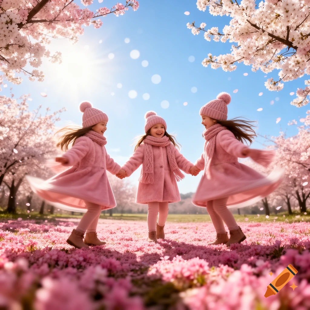 Three smiling girls in pink outfits hold hands and spin amidst a field of pink cherry blossoms under a sunny blue sky.