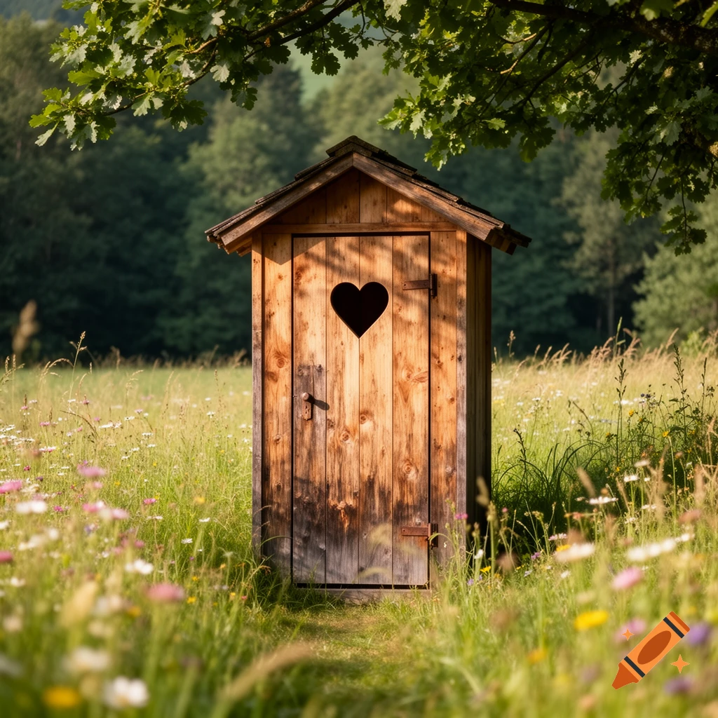 A rustic wooden outhouse with a heart-shaped cutout on the door stands in a sunny wildflower field, with trees in the background.