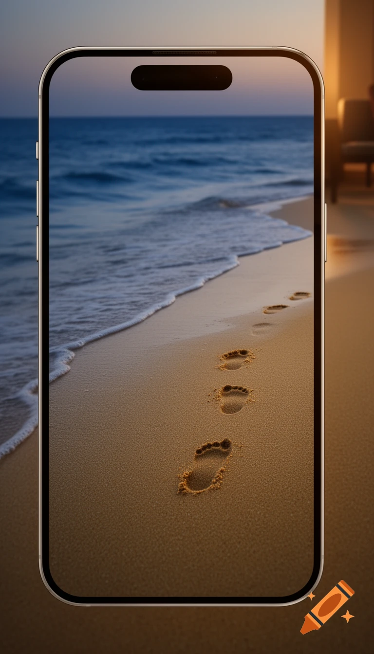 A smartphone displaying a photorealistic image of footprints leading into the ocean on a sandy beach at sunset.
